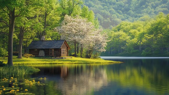 Log Cabin Nestled by a Peaceful Forest Lake. AI generated image