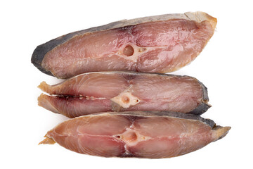 Slices of tasty salted mackerel and parsley isolated on white background.