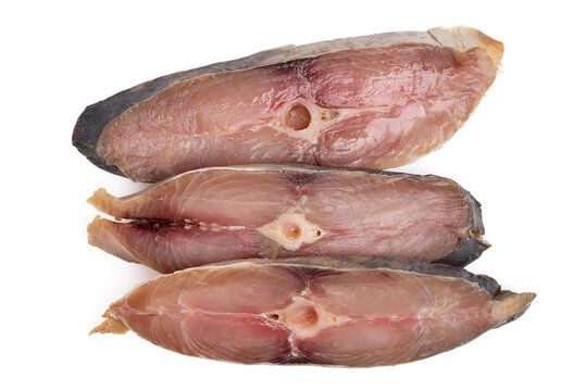 Slices of tasty salted mackerel and parsley isolated on white background.