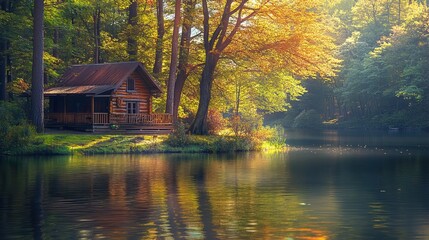 Fototapeta premium Log Cabin Nestled by a Peaceful Forest Lake. AI generated image