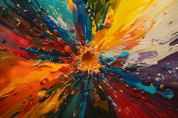 A vibrant explosion of colors radiating from a central point, showcasing dynamic paint splashes.
