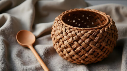 A small, woven basket with a wooden spoon resting on a folded cloth, suggesting a simple, rustic aesthetic