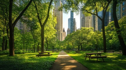 urban green space surrounded by towering skyscrapers, with walking trails, picnic tables, and shaded areas for relaxation.