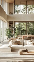 Naklejka premium Cozy Modern Living Room with Abundant Natural Light and Plants
