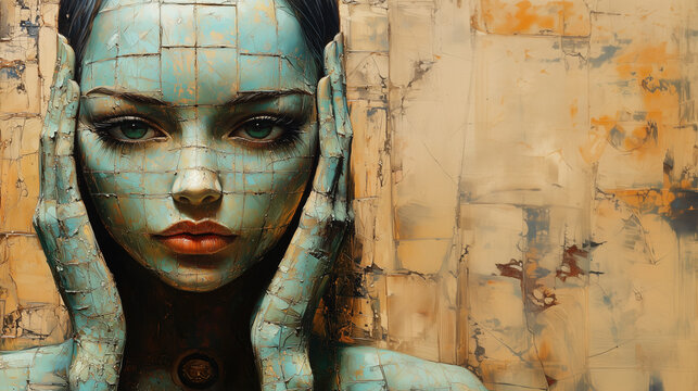 Surreal portrait of a woman with cracked, mosaic-like skin and captivating green eyes