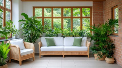 Serene Indoor Space with Natural Light, Green Plants, Cozy Couch, and Modern Decor in a Relaxing Environment