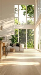 Fototapeta premium Bright and Airy Modern Living Room with Large Windows and Nature View