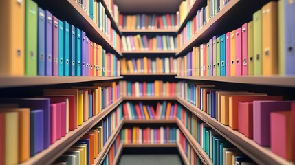 Colorful library filled with neatly arranged books.