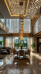 Elegant Modern Dining Area with Artistic Light and Lush Greenery