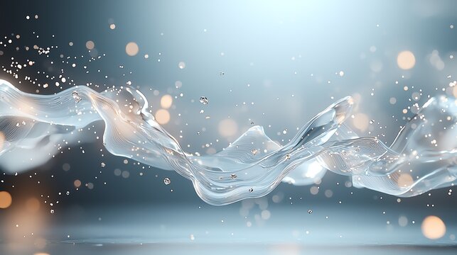 Abstract splash of water illuminated by soft lighting, surrounded by shimmering particles and a serene atmosphere.