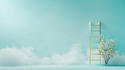 A blue sky with a ladder and a tree in the foreground