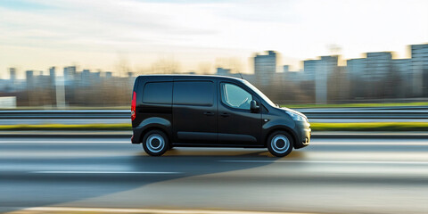 Obraz premium Black delivery van driving on urban highway during day