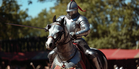 Knight in shining armor on horseback during a jousting event