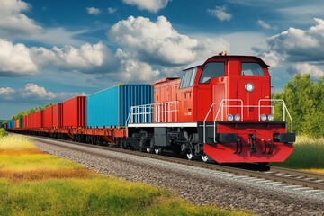 Fototapeta premium Red freight train transporting cargo through green landscape
