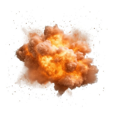 powerful explosion in dramatic fiery burst of energy and expanding debris cloud isolated on png transparent background