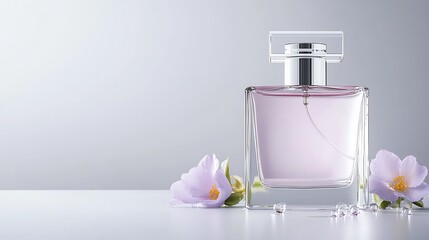 Elegant perfume bottle with delicate flowers on white background, symbolizing beauty and style.