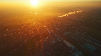 Fototapeta premium A birds-eye view of an industrial city at sunset, with thick layers of smog visible as sunlight struggles to pierce through the PM 2.5 haze