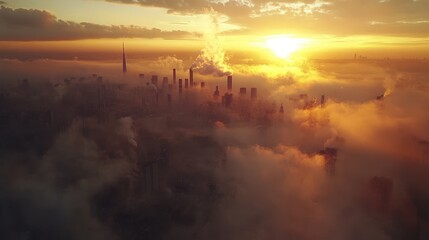 Obraz premium A birds-eye view of an industrial city at sunset, with thick layers of smog visible as sunlight struggles to pierce through the PM 2.5 haze