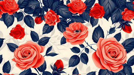 Fototapeta premium A vibrant floral pattern featuring red roses and leaves on a light background.
