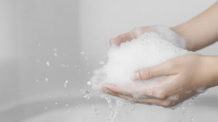 Fototapeta premium Hands cupping Soft Foam: A close-up shot captures the delicate hands of a woman cradling a fluffy mound of bath foam, creating a sense of indulgence and pampering.