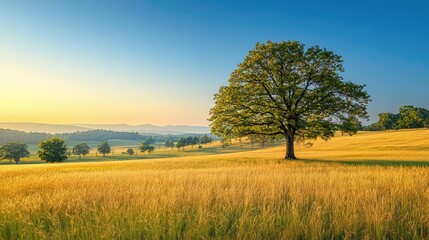 Obraz premium Savannah grassland nature idea. Breathtaking sunrise over a vast field with a beautiful solitary tree in the foreground.
