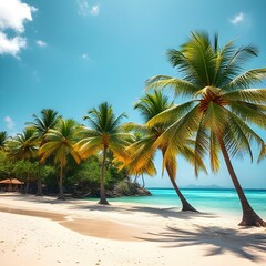 Obraz premium Sunny tropical Caribbean beach with palm trees and turquoise water, caribbean island vacation, hot summer day