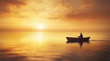 Obraz premium Serene sunset fishing scene with lone fisherman casting line into calm ocean waters, orange and gold sky reflection, nature’s beauty.