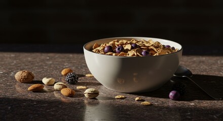 Fototapeta premium A Delicious Bowl of Cereal with Berries and Nuts: A Healthy and Appealing Breakfast