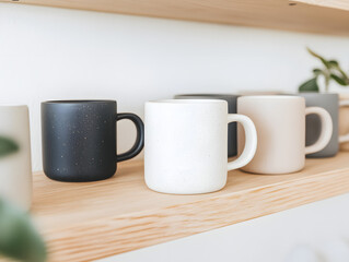 Fototapeta premium Neatly arranged coffee mugs in black, white, and beige on wooden shelf create minimalist aesthetic