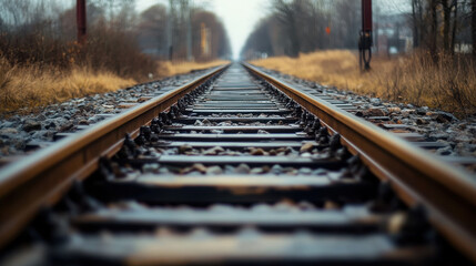 A close-up view of railway tracks extending into a distant landscape.