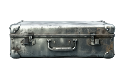 Old metal suitcase closed and isolated on transparent background