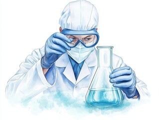 Scientist in lab coat and gloves holding beaker with liquid for scientific experiment discovery