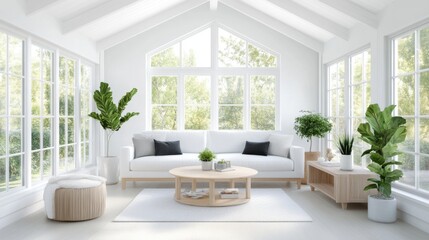 Bright and Airy Modern Living Room with Large Windows and Green Indoor Plants in a Cozy Atmosphere