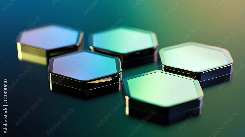 Poster shiny hexagonal metallic objects reflecting colorful light on a dark surface