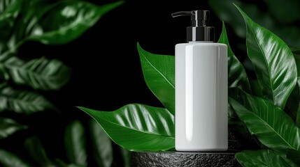 A sleek white pump bottle surrounded by lush green leaves, suggesting a beauty or skincare product.