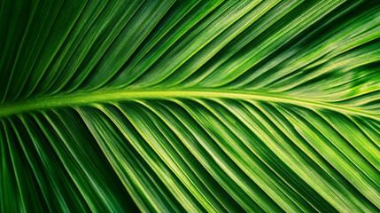 The texture of a natural palm leaf in close-up, revealing its tropical green essence.