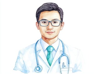 Fototapeta premium Expressive watercolor portrait of a doctor, tribute to medical professionals