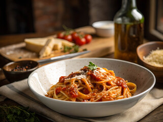 A close-up of a bowl of spaghetti topped with a rich tomato sauce and garnished with fresh parsley. The bowl is placed on a cloth, and the background reveals a wooden surface with a bottle, a knife, a