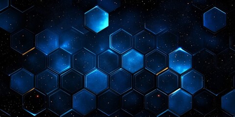 Abstract Blue Hexagon Mesh Pattern on Dark Background, Representing Futuristic Technology.