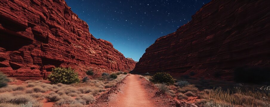 cnyon tril with deep red wlls under  cler strry night sky