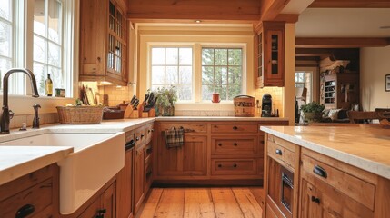 bright kitchen in a farmhouse-style home, with wooden cabinets, a farmhouse sink, and rustic details.
