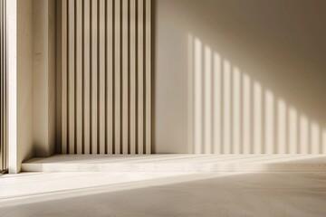 Obraz premium Sophisticated Wall Segment Featuring a Smooth Surface on One Side and Textured Vertical Stripes on the Other, Artistically Illuminated by Soft Lighting, Ideal for Modern Interior Spaces and Design Pho