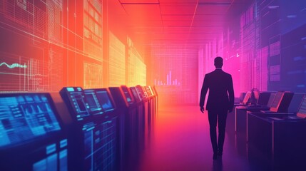 business executive walking through a financial office, where a team is working on analysis and strategy.