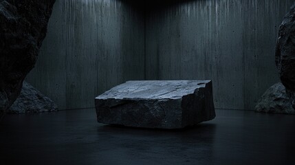 Dark stone platform in concrete cave. Product display, background