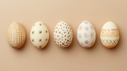 Beige and white Easter painted eggs in a row on background color of the year 2025 mocha mousse, Easter card or banner with place for text, Happy Easter Открыть в Google Translate