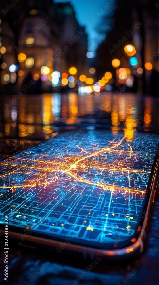Poster glistening rain-soaked pavement reflects a smartphone that projects a detailed holographic map of a 