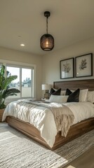 Fototapeta premium Modern cozy bedroom with stylish decor and natural lighting