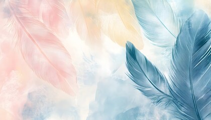 Pastel Feathers Floating on a Cloudy Sky Background