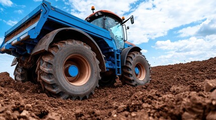 A blue tractor working on freshly plowed soil under a cloudy sky.