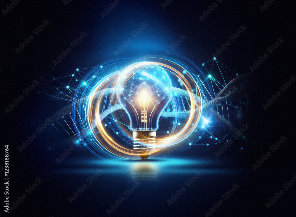 Poster Abstract sci-fi double exposure image of a glowing lightbulb encircled by swirling energy and connected nodes against a dark background.  It evokes innovation and futuristic technology.
